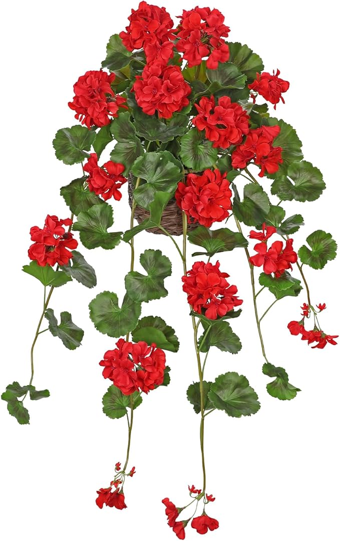 Briful Artificial Geranium Hanging Plant in Vintage Woven Basket, 29.9 Inch Trailing Faux Plant with Red Silk Flowers and Green Plastic Leaves, Realistic Indoor Outdoor Garden Shelf Decor