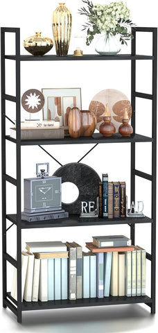 NUMENN 4 Tier Bookshelf, Tall Bookcase Shelf Storage Organizer, Modern Book Shelf for Bedroom, Living Room and Home Office, Black