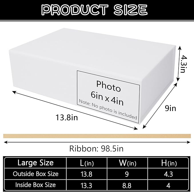 RayofSun White Gift Box,13.8" x 9" x 4.3" Large Groomsmen Proposal Box with Magnetic Closure Lid and Ribbon for Anniversary Wedding Birthday Graduation Festivals (1 Pack)