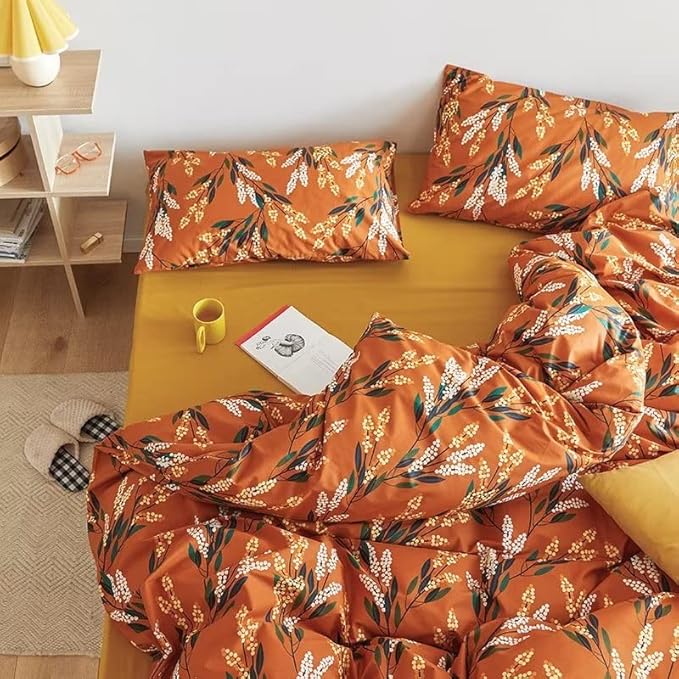Luxlovery Botanical Floral Comforter Set Queen Orange Bohemian Bedding Comforter Set Women Girls Vintage Style Blanket Quilts Breathable Modern Rustic Leaves Bedding Set Hotel Quality Queen Comforter