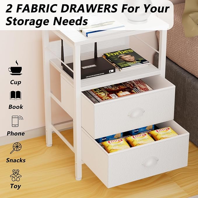 Furologee Nightstand with 2 Fabric Drawers, White Bedside Table with 2-Tier Shelf, Side Table with Hooks and Wood Top for Bedroom/Living Room/Hallway/White