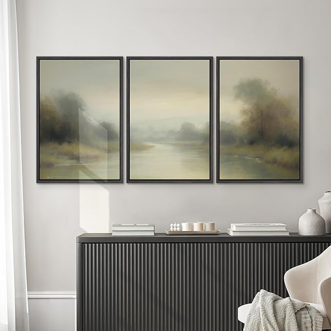 SIGNWIN Framed Wall Art Print Set Misty River Landscape Soft Neutral Nature Scene Photography Modern Art Closeup Relax/Calm Dark for Living Room, Bedroom, Office - 16"x24"x3 Black