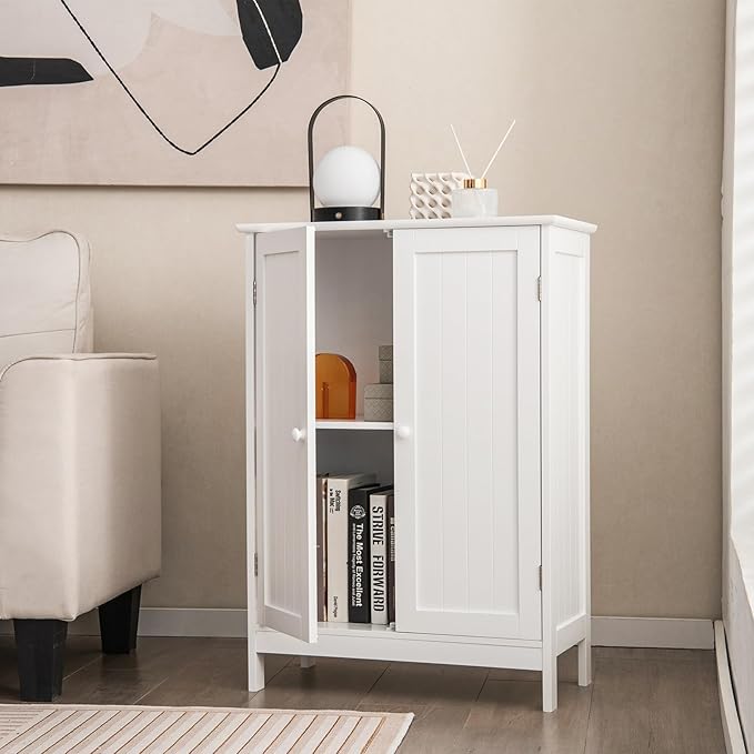 GLACER Bathroom Floor Cabinet, Wooden Storage Cabinet with Double Doors, Suitable for Bathroom, Living Room, Entryway, 23.5 x 14 x 34 inches (White)