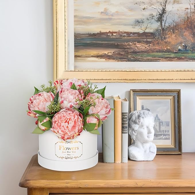 Hollyone Pink Peonies Artificial Flowers in Vase Round Gift Boxes with Fake Flowers Arrangements Faux Flowers Floral in Box Vase for Her Mothers' Day Valentine's Day Christmas Birthday Graduation Gift