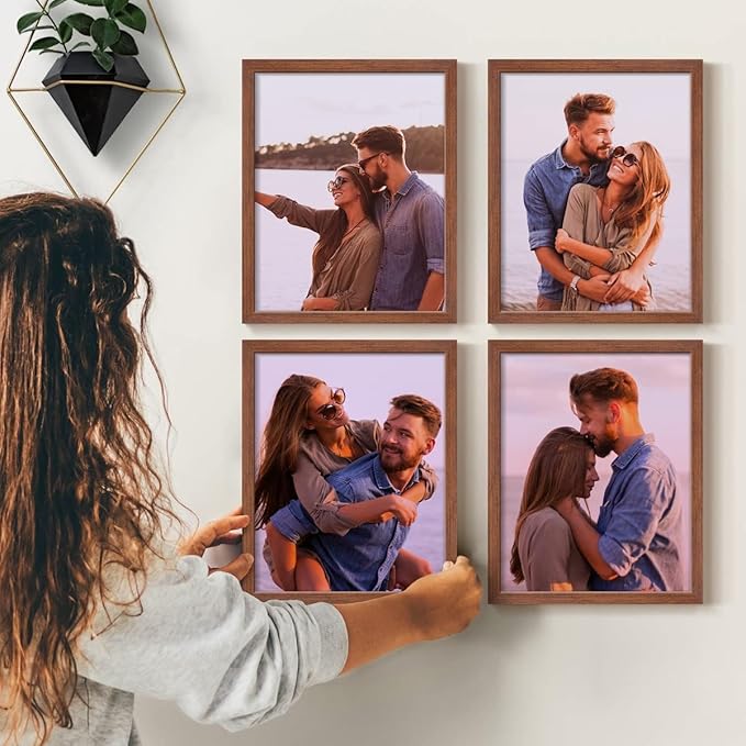 Renditions Gallery Set of 4, 11X14 Custom Photo Prints with Real Wood Picture Frames. Create Personalized Photos with Peel & Stick Photo Frames. Brown Frame