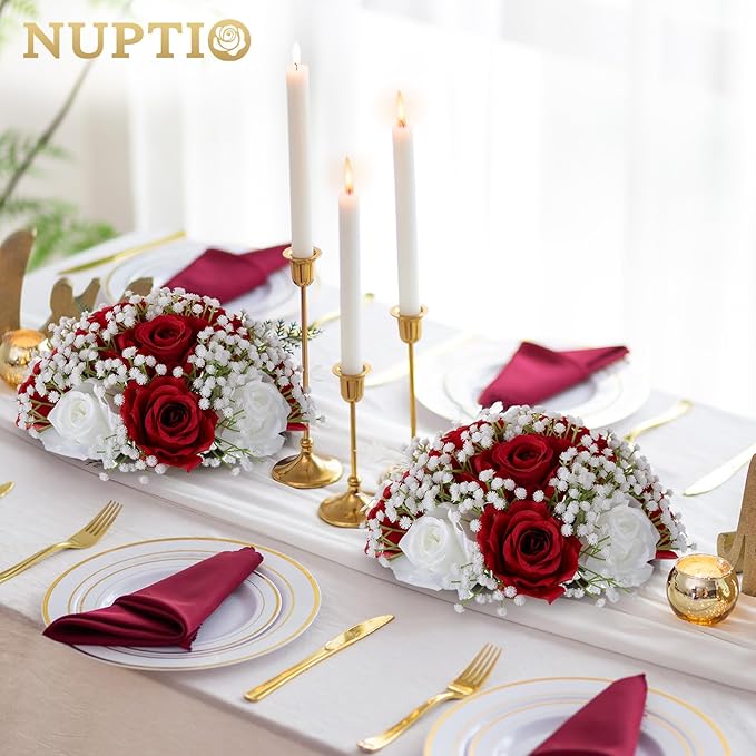 NUPTIO Flower Ball Arrangement Bouquet: 2 Pcs 8.6 inch Diameter Crimson Rose Fake Babys Breath Artificial Flowers for Wedding Centerpiece Event Party Tables Decorations