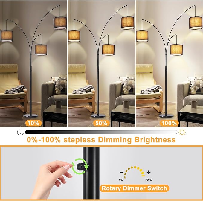 DLLT Modern Floor Lamp for Room: 3-Light Black Tree Dimmable Floor Lamps with Black Shades for Living Room - Arc Standing Lamp for Bedroom - Tall Floor Lamp for Office Corner 3 LED Bulbs Included