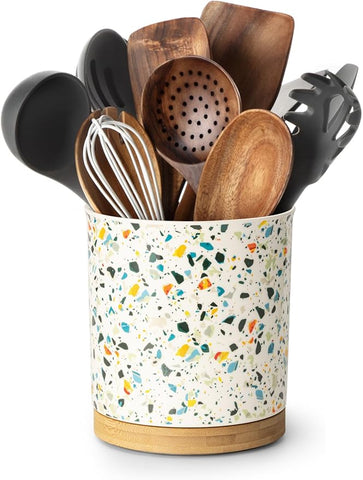 Nucookery 360°Rotating Utensil Holder, 7.2" Kitchen Utensil Crock, Ceramic Cooking Utensil Organizer with Countertop-Protection Cork Bottom for Farmhouse Kitchen Decor Christmas (Marble Pattern)