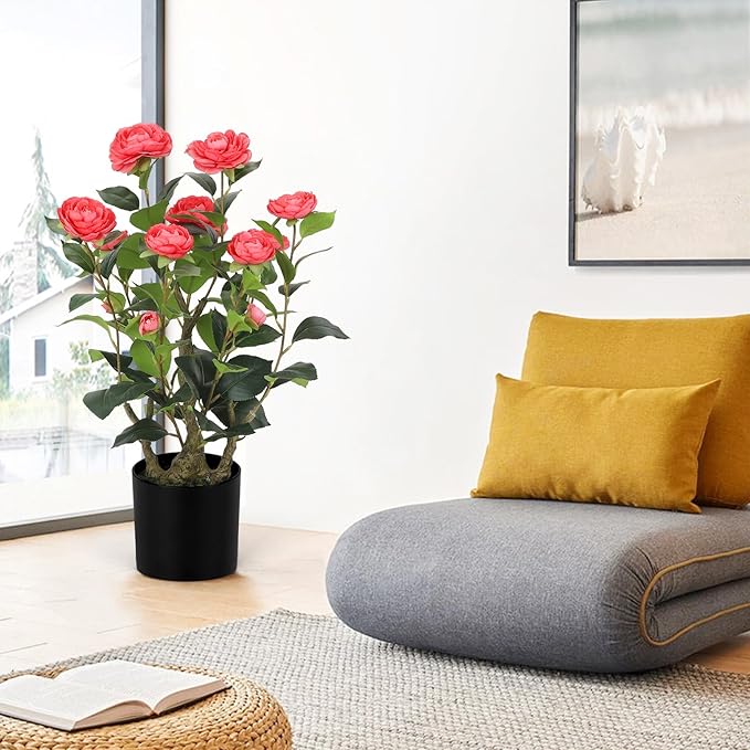 Romantic Season 2FT Pink Artificial Camellia Tree 2Pack, Faux Camellia Plant Fake Potted Camellia Flower Tree for Modern Home Office Living Room Floor Décor