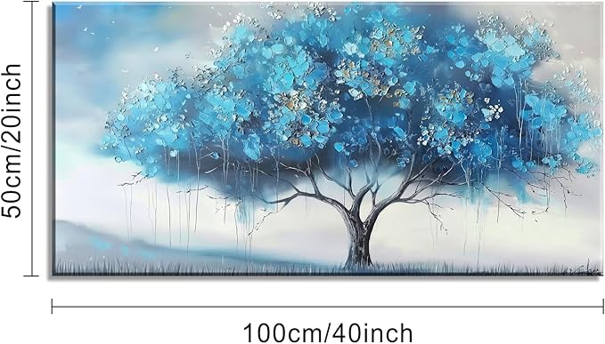 Blue Tree and White Petals Flowers Plants Wall Art Decor Artwork for Bedroom (20x40 Inches)