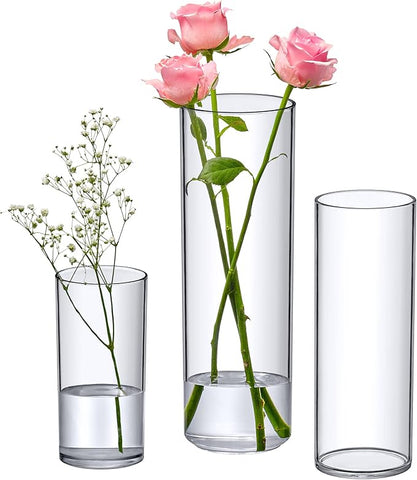 Amazing Abby - Viola Magra - Plastic Cylinder Vases (3-Piece Set), Acrylic Flower Vases for Wedding Centerpieces, Home Decorations, Office Ornaments, Shatter-Proof, 6" + 9" + 12" (H) (Not Glass)