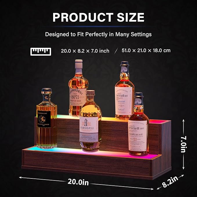 LED Lighted Bar Liquor Shelves, 20 Inch Bar Bottle Display Shelf with App & Remote Control, 2 Tier for Home Bar, Party, Walnut