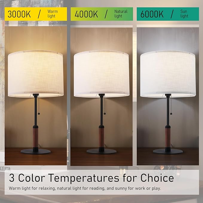 21" Set of 2 Modern Table Lamp Bedside Lamps for Bedroom Living Room Nightstand Lamp for End Tables 3-Color Pull Chain Wood Fabric for Home Office Desk Decor (Off White+Sand Black)