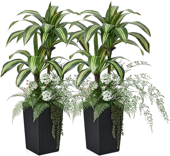 Artificial Dracaena Tree 4ft Artificial Plants Indoor UV Resistant, Dracaena Fake Plants with Multiple Plants in Black Tall Planter for Indoor Outdoor Decoration (2 Pack)