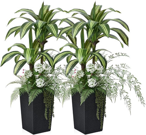 Artificial Dracaena Tree 4ft Artificial Plants Indoor UV Resistant, Dracaena Fake Plants with Multiple Plants in Black Tall Planter for Indoor Outdoor Decoration (2 Pack)