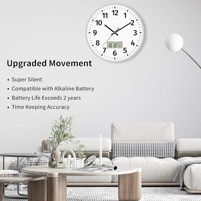 Foxtop Digital Wall Clock with Time, Day of Week and Temperature, Silent Non-Ticking Battery Operated Round Digital and Analog Wall Clock for Classroom Office Bedroom Home School (12 Inch, Silver)