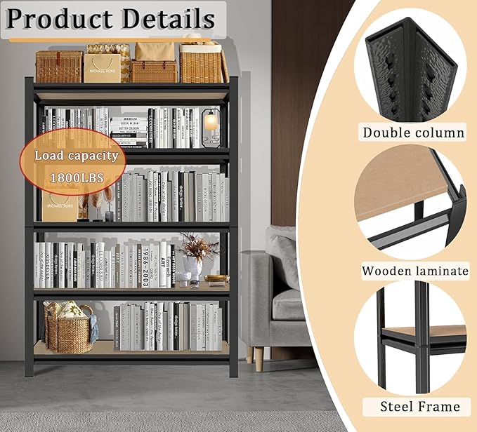 Tall Bookshelf with Open Shelves, Metal Office Book Shelf, Adjustable Organizer Bookcase, Standing Storage Organizer Shelf for Living Room (35.4" W*15.8" D*72" H)