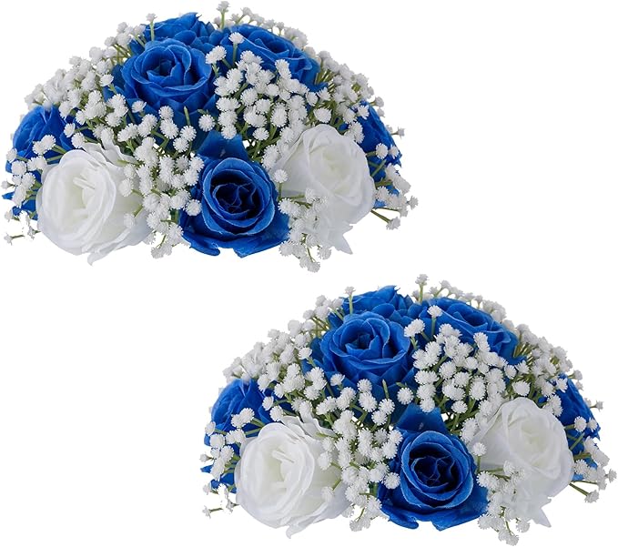 NUPTIO Royal Blue Flowers for Centerpieces: 2 Pcs 8.6 inch Diameter Artificial Rose Balls Fake Flower Ball Arrangement Bouquet Wedding Centerpieces Event Party Tables Decorations