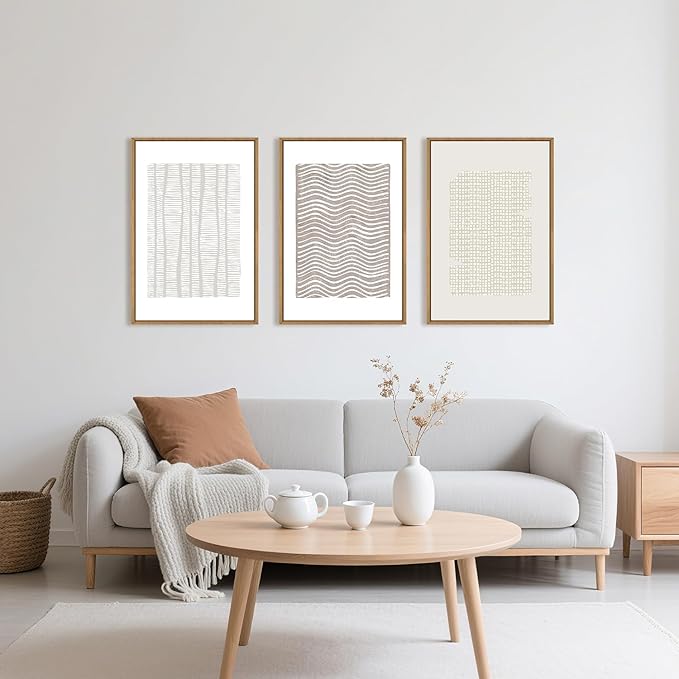 Large Abstract White and Beige Framed Canvas Wall Art,Geometric Dot and Line Wall Decor,Modern Wave Lines Artwork,Neutral Minimalist Shapes Art Print for Living Room,Bedroom,Office-24 x36 x3