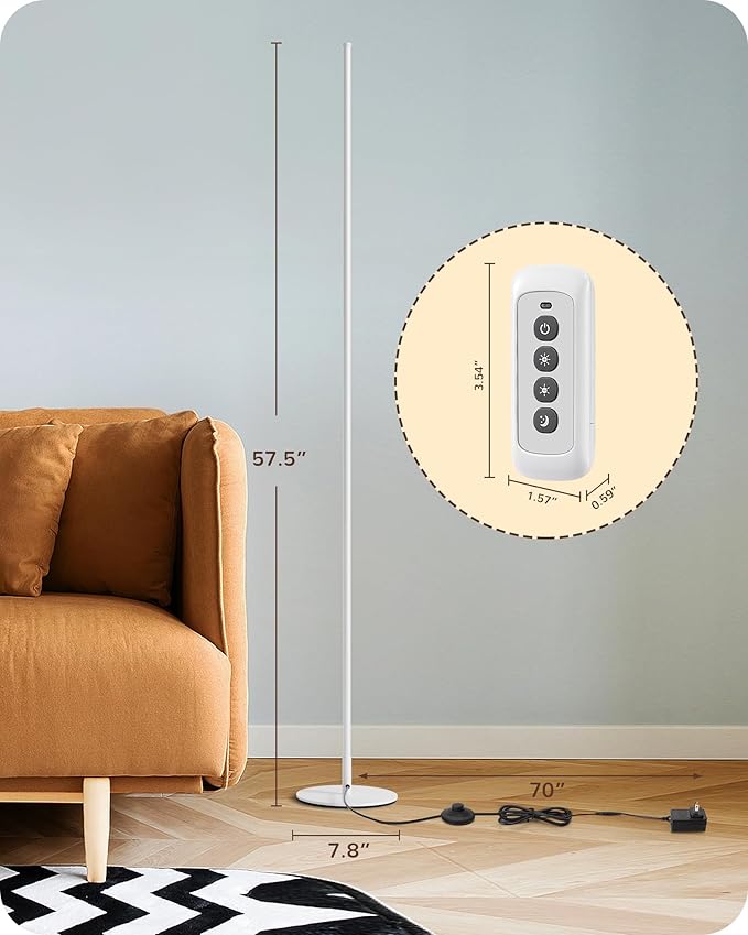 EDISHINE LED Corner Floor Lamp with Remote, 57.5" Minimalist Dimmable Mood Light, Standing Tall Floor Lamps for Living Room, Bedroom, Home Office, 3000K Warm White Light (White)