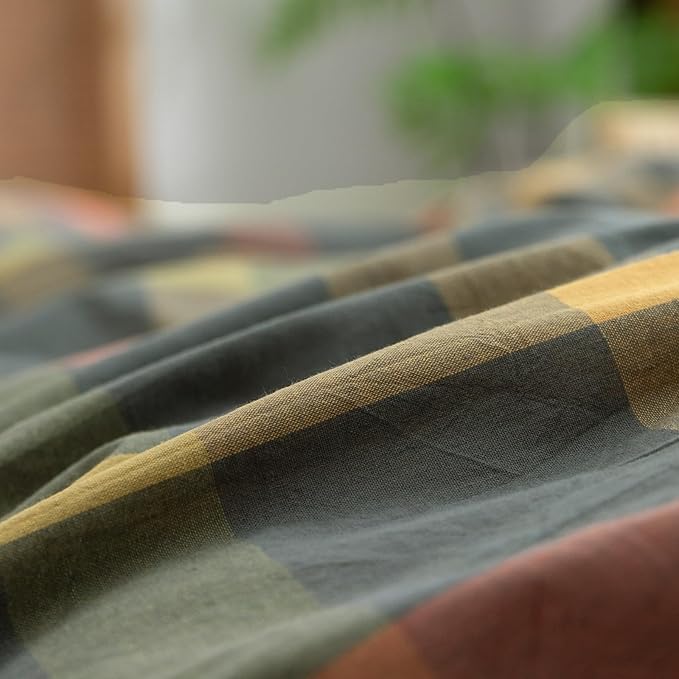 VM VOUGEMARKET Plaid Duvet Cover Set Queen Washed Cotton Reversible Bedding Multicolor Buffalo Grid Duvet Cover with 2 Pillowcases for Men Women(Orange/Grey/Green,Queen)