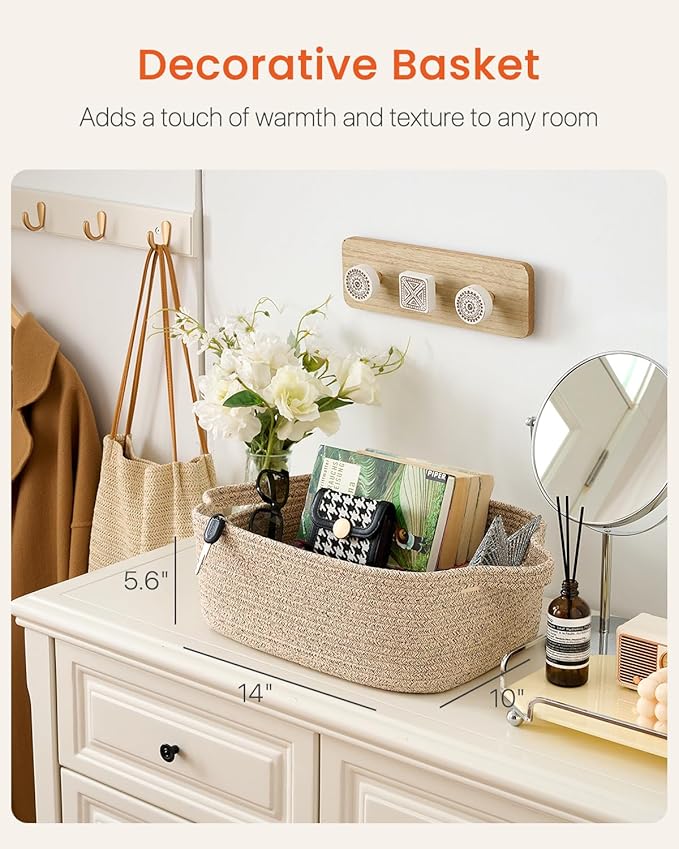 KALLAX Small Woven Basket, 14 x 10 x 5.6 Inches, Small Storage Baskets for Organizing, Gift Baskets Empty, Cute Rope Shelf Closet Storage Bins for Shelves, Dog Toy Basket, Mixed Brown