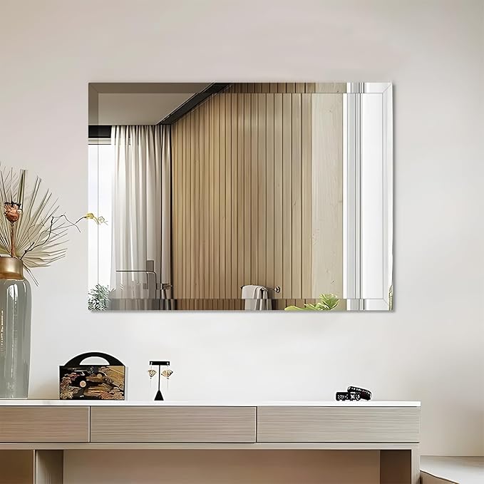30x40 Inch Frameless Wall Mirror with 1" Beveled Edge, Frameless Rectangle Mirror for Bathroom, Vanity, Living Room