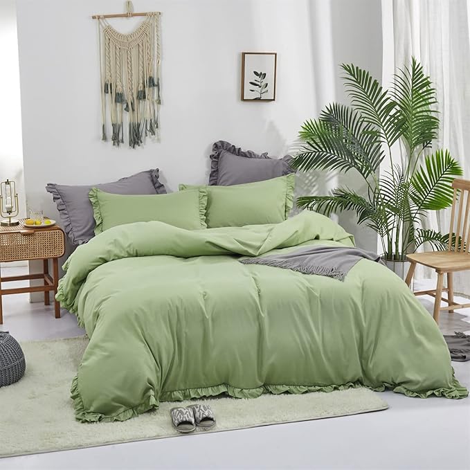 Luxlovery Sage Green Ruffle Comforter Set Full Boho Bedding Set Ruffled Farmhouse Boho Solid Blanket Quilts Aloe Green Bedding Set for Women Men