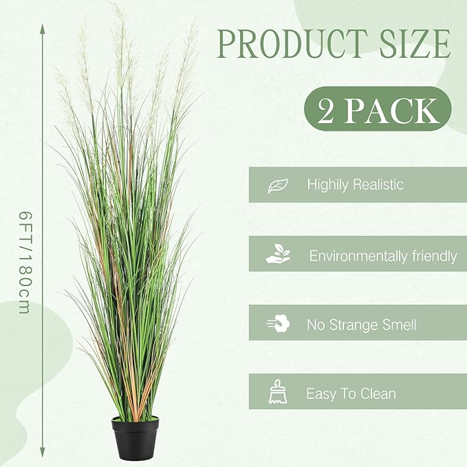 Jexine 2 Pcs 6 ft Tall Artificial Grass Plant Potted Artificial Greenery Floor Plants Faux Pampas Grass Tall in Pot for Housewarming Gift House Garden Bathroom Lobby Outdoor Decoration