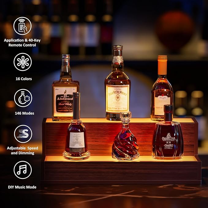 LED Lighted Bar Liquor Shelves, 20 Inch Bar Bottle Display Shelf with App & Remote Control, 2 Tier for Home Bar, Party, Walnut
