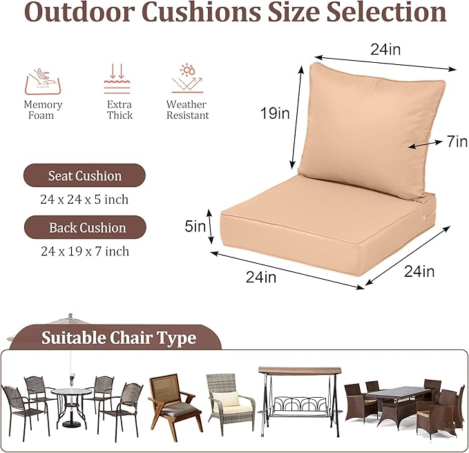 Waterproof Outdoor Chair Cushion Set of 2, 24x24x5 IN Deep Seat Patio Cushions with Fade Resistant Removable Cover,Outdoor Cushions for Patio Furniture with Ties&Handle for Chair Sofa Couch,Beige