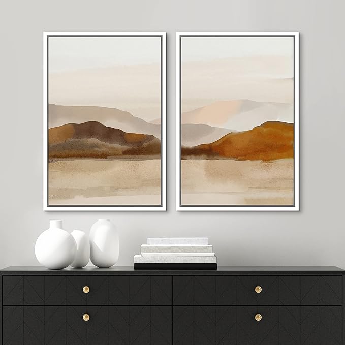 MUDECOR Framed Canvas Print Wall Art Pastel Brown Mountain Range Ocean Lake Wilderness Nature Illustrations Modern Art Decorative Calm/Relax Multicolor Rustic Minimal for Bedroom - 24"x36"x2 White