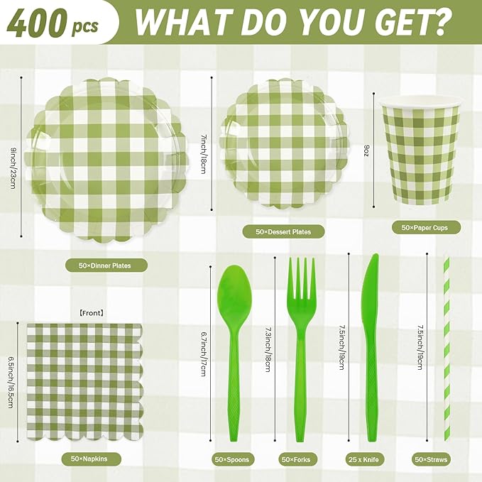 400PCS Sage Green Gingham Party Supplies, Scalloped Disposable Tableware Set Includes Paper Plates Napkins Cups Straws Forks Knives Spoons for Baby Shower Birthday Wedding Decorations, Serve 50
