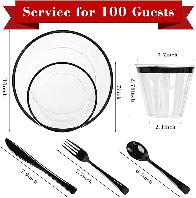 N9R 600PCS Black Disposable Plates, Heavy Duty Plastic Dinnerware Set for 100 Guests Includes 100 Dinner & Dessert Plates, Cups, Spoons, Forks, and Knives, Perfect for Parties, Weddings,and Daily Use