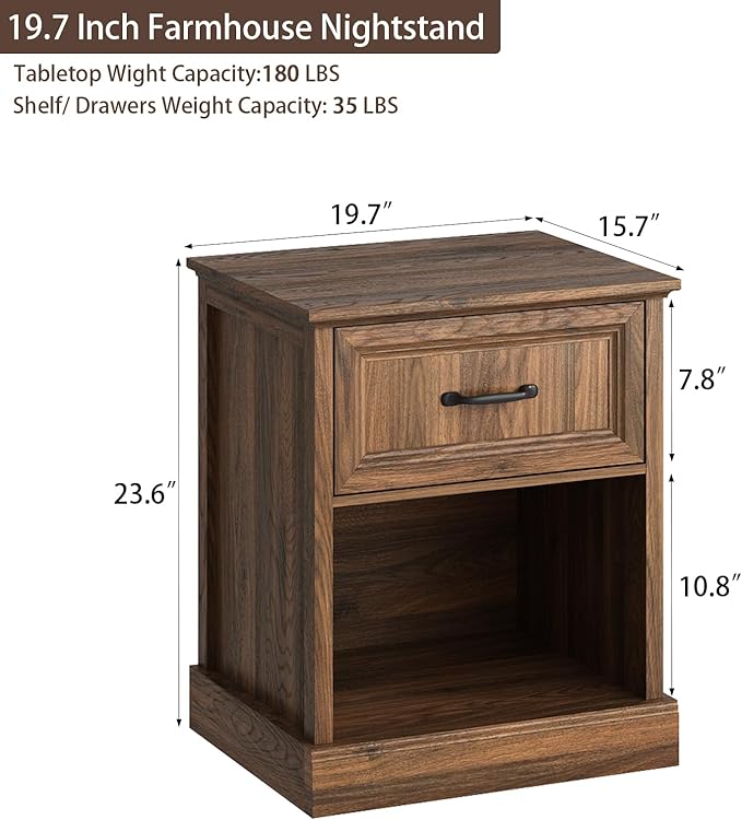 CARPETNAL 20" Farmhouse Nightstand, End Table with Large Drawers & Open Storage, Side Table, Bedside Cabinet for Bedroom, Living Room, Walnut