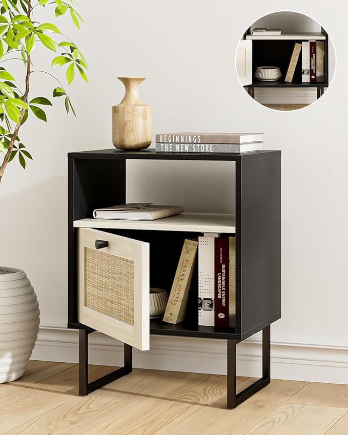 Rattan Nightstand, Boho Night Stand Farmhouse Wood Bedside Table with Storage and Open Shelf, End Side Accent Table for Bedroom,Living Room,Black and Oak