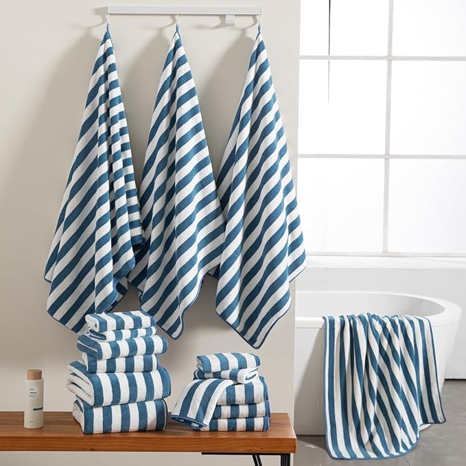 18 Pcs Navy Cabana Stripe Family Towels Set with Hanging Loop-6 Bath Sheets,6 Hand Towels,6 Washcloths Ultra Soft Bathroom Towel Highly Absorbent Quick Dry Shower Towel for Beach Chair,Spa,Gym,Hotel