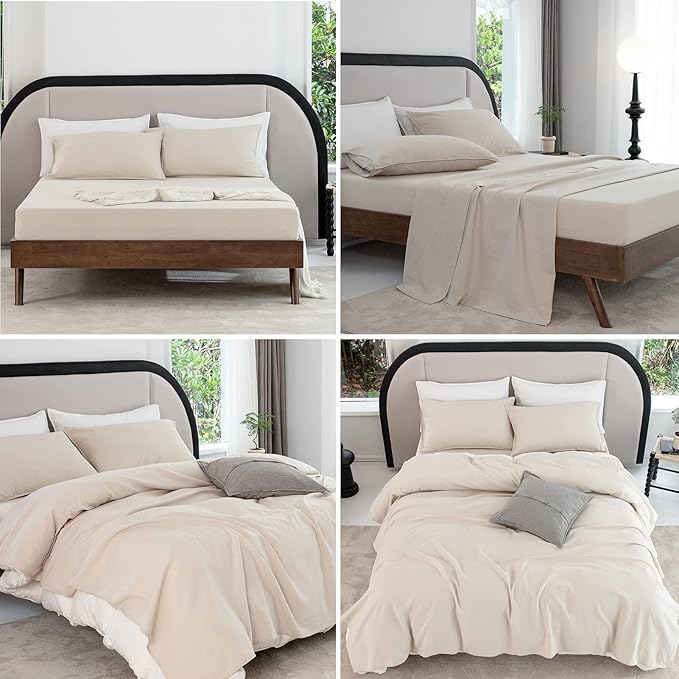 Talasily Linen Sheets-Queen Size Sheets Set,Blend from Linen Cotton Bedsheets,All Seasons Soft Breathable 4 Piece Set-Beige