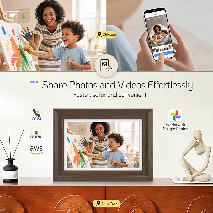 NexFoto WiFi Digital Picture Frame 10.1 Inch Touchscreen, HD 1280x800 64GB Digital Frame, Add Photos from Google Photos, Share Videos via App/USB/Micro SD, Gift for Mom/Birthday (Walnut)