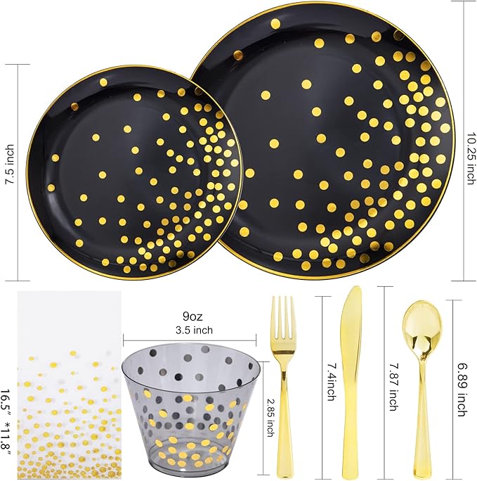 U-QE 350PCS Black and Gold Plastic Dinnerware Set - Graduation Plates and Napkins 2025 - Graduation Party Supplies Include Gold Dot Plastic Plates, Gold cutlery, Napkins, Cups(50 Guests)