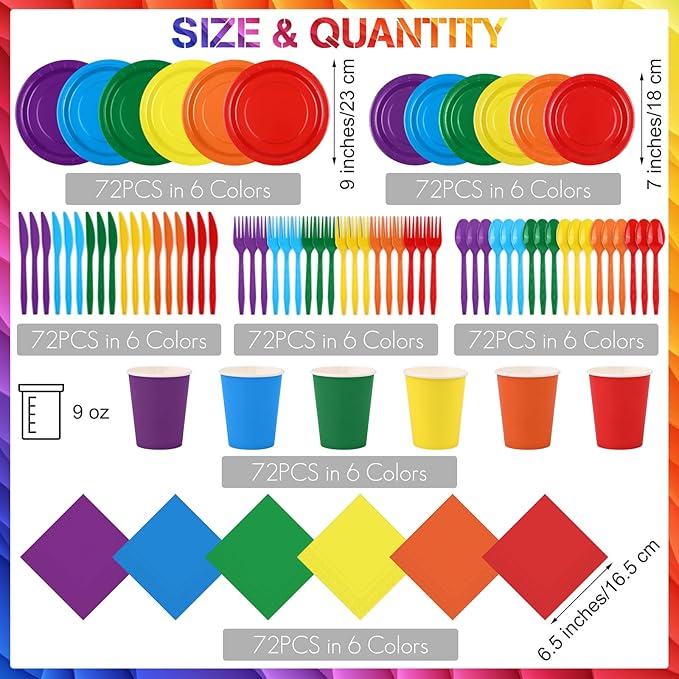 Durony 504-Piece Party Tableware Set - Rainbow Disposable Serves 72 Guests - 7" & 9" Paper Plates, 9oz Cups, Napkins, Plastic Cutlery, Decorations, Neon Supplies