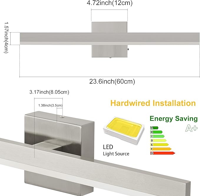 Nickel Bathroom Vanity Light 23.6 inch, 14W Dimmable 5CCT LED Bathroom Light Fixture Over Mirror Restroom-ETL Certificated