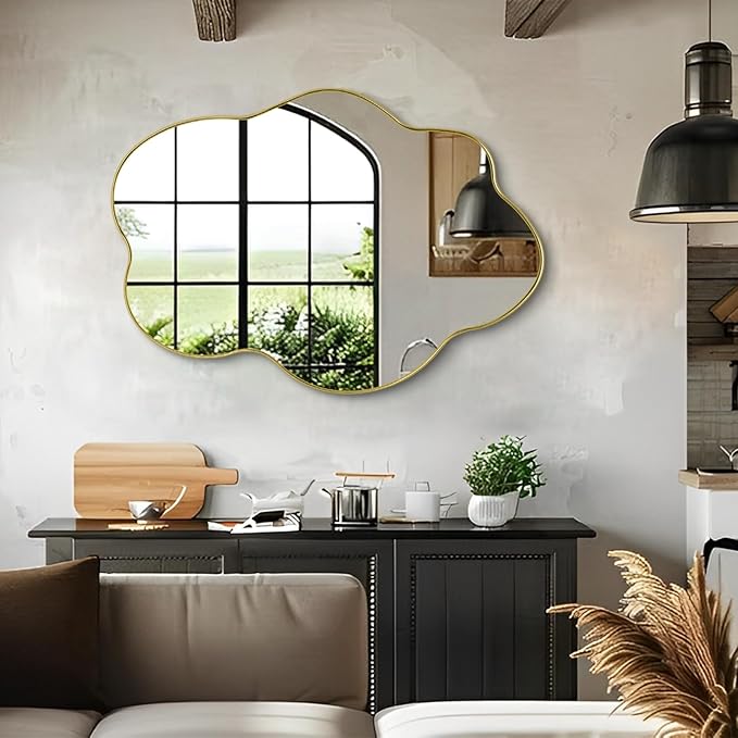 Gold Irregular Mirror, 43.7"x29.5" Asymmetrical Wall Mirror, Scalloped Decorative Mirrors, Modern Wavy Shaped Mirrors for Living Room Bathroom Bedroom Hallway Entryway Fireplace