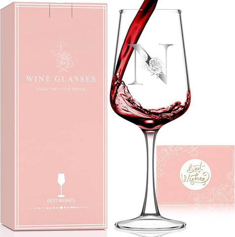 Monogrammed Wine Glass Gifts for Women - Personalized A-Z Wine Glasses with Gift Box & Greeting Card | Custom Mothers day, Anniversary, Birthday Gifts for Her, Mom, Wife, Best Friend, Sister,Woman (N)