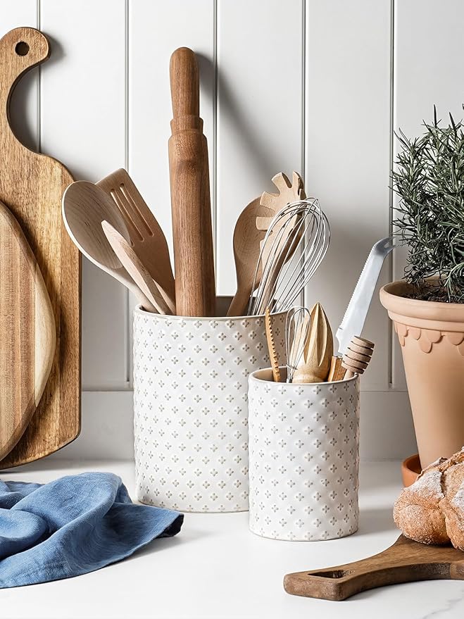 LE TAUCI Utensil Holder, 7.1"+5.4" Ceramic Kitchen Utensil Holder for Counter top, Embossed Cooking Utensil Organizer for Spatula & Spoon, Kitchen Decor, Set of 2, Arctic White, Clover