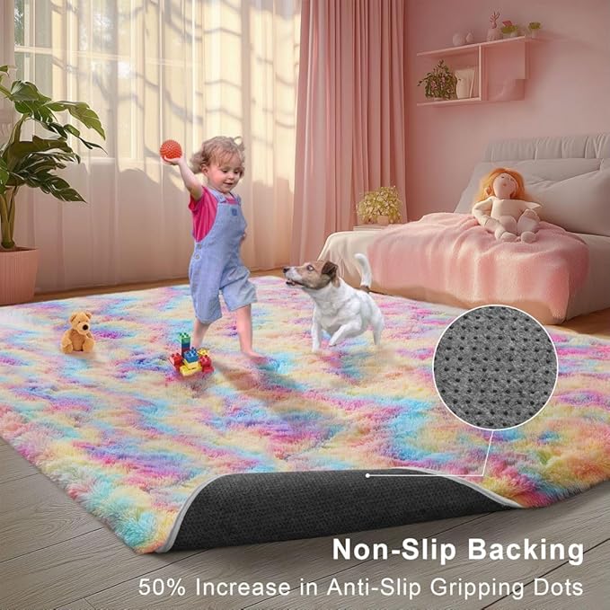 Rainbow Area Rugs for Girls Bedroom, 9x12 Fluffy Fuzzy Shaggy Carpet for Kids Playroom Nursery Living Room, Thick Soft Plush Mat for Kids Baby Boys Teen Dorm Home Decor Aesthetic