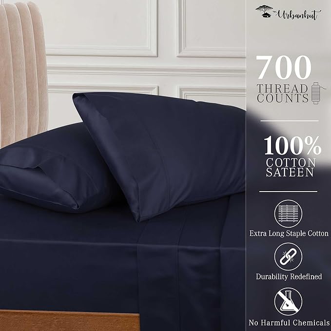 URBANHUT 700 Thread Count Twin Size Egyptian Cotton Sheets, 4Pc Sheet Set Soft Luxury Bed Sheets for Twin Size Bed, Sateen Weave Hotel Sheets, 14'' Elasticized Deep Pocket - Navy Blue