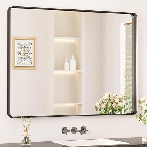 Keonjinn Black Framed Mirror for Bathroom 40 x 30 Inch Rounded Rectangle Wall Mirror, Matte Black Vanity Mirror for over Sink, Tempered Glass Farmhouse Mirror Seamless Metal Frame(Horizontal/Vertical)