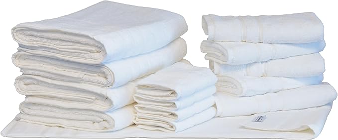 Mosobam Luxury Turkish 14pc Deluxe Bath Bundle Body Hand Face Towel and Mat White 700 GSM & 1000 GSM Bamboo Viscose & Aegean Turkish Combed Cotton