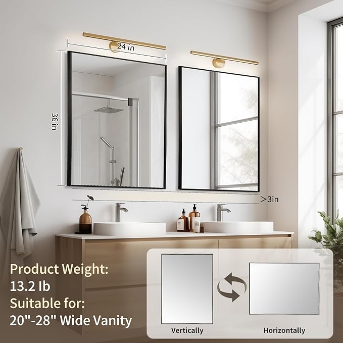 Matte Black Mirror, 24x36 Inch Aluminum Framed Rectangle Mirror, Anti-Rust, Tempered Glass, Square Corner Wall Mirror for Over Sink, Vanity, Bedroom, Entryway, Horizontal/Vertical